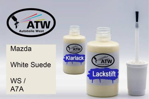 Mazda, White Suede, WS / A7A: 20ml Lackstift + 20ml Klarlack - Set, von ATW Autoteile West.